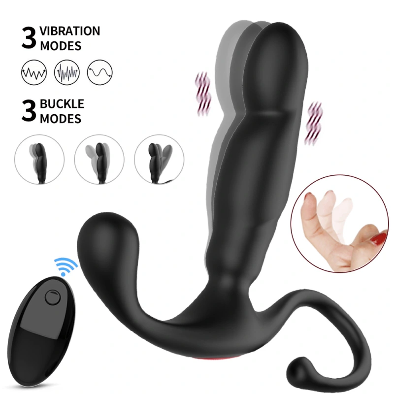 Anal vibrator - prostate massager with 2 vibrating cockscomb rings, 9 vibration and buttock pushing modes, adult male anal toy, black