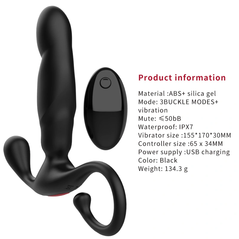 Anal vibrator - prostate massager with 2 vibrating cockscomb rings, 9 vibration and buttock pushing modes, adult male anal toy, black