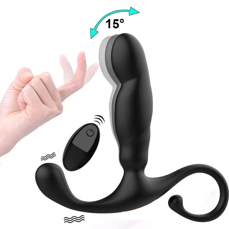 Anal vibrator - prostate massager with 2 vibrating cockscomb rings, 9 vibration and buttock pushing modes, adult male anal toy, black