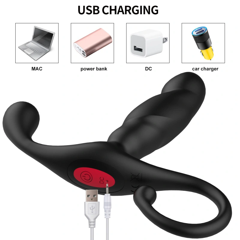 Anal vibrator - prostate massager with 2 vibrating cockscomb rings, 9 vibration and buttock pushing modes, adult male anal toy, black
