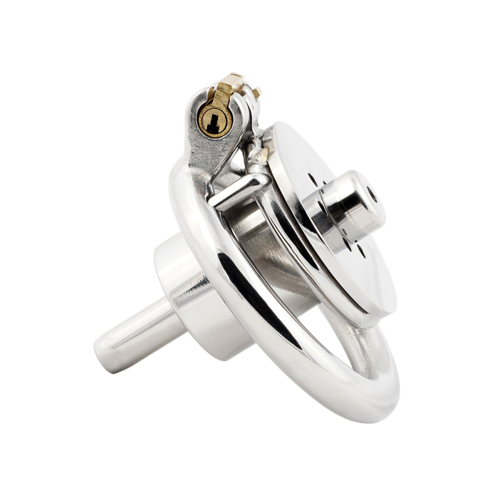 Negative Flat Extreme Small Male Chastity Device with Catheter Stainless Steel Contrary Cock Cage for Men SM Penis Exercise Sex Toys (Not include rings and locks)