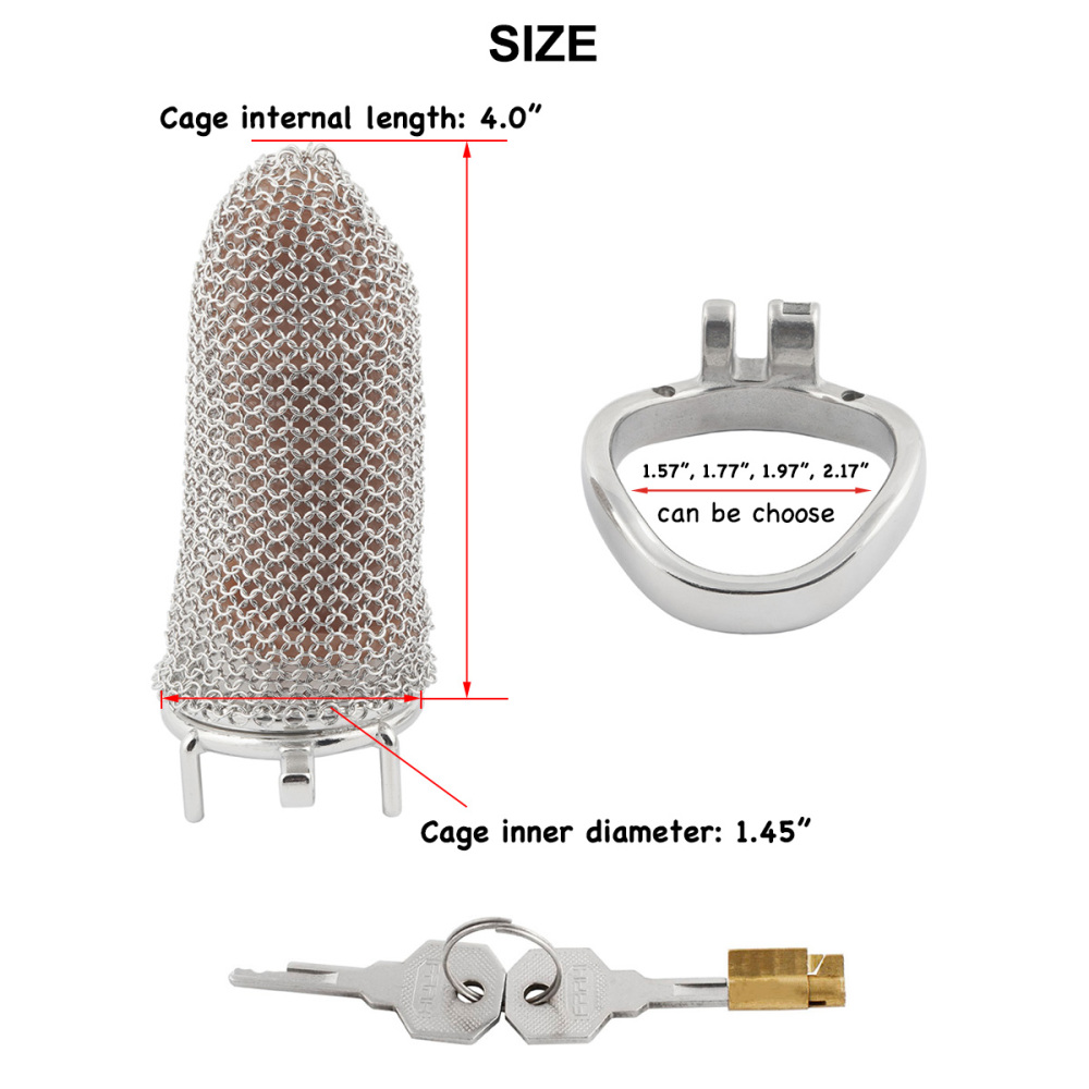 Stainless Steel Gauze Male Chastity Cage Metal Chastity Locks Comfortable Soft Cock Cage Easy to Wear Men's Virginity Lock - XL Cage Length 4''  (only cages do not include rings and locks)