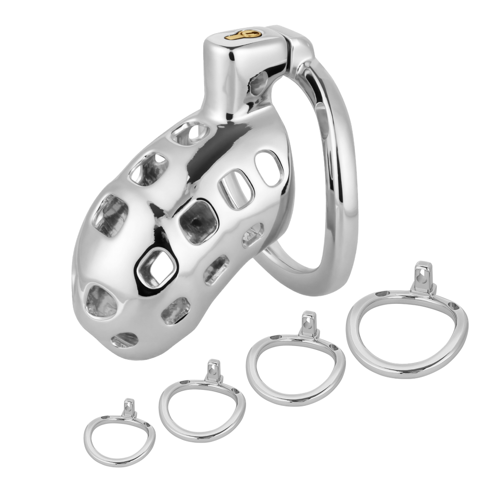 Male Cock Cage Chastity Device - TERNENCE Aluminum Alloy Chastity Cage M Size with 4 Active Rings Lightweight Adult Sex Toy for Men Penis Exercise