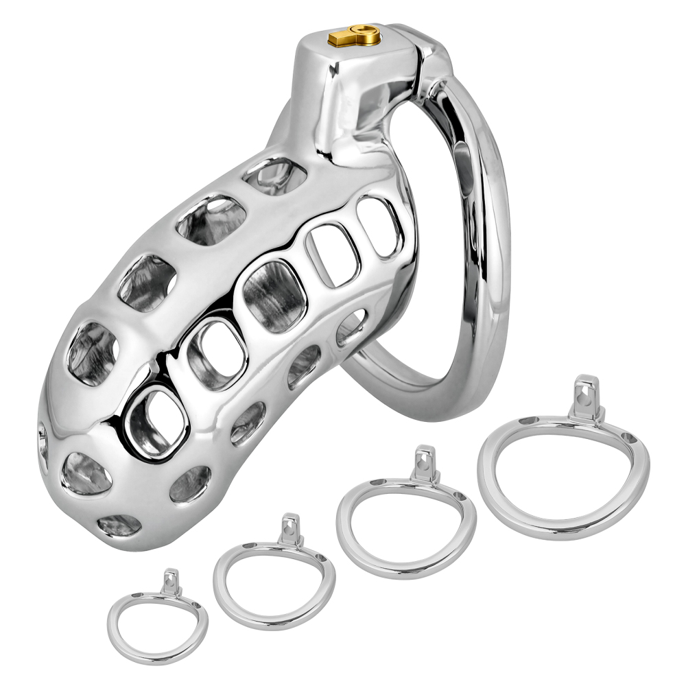 Male Cock Cage Chastity Device - TERNENCE Aluminum Alloy Chastity Cage with 4 Active Rings Lightweight Adult Sex Toy for Men Penis Exercise