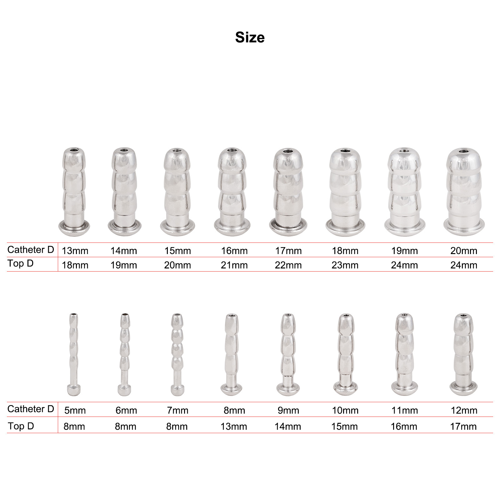 TERNENCE 50mm Long Stainless Steel Catheters Male Sound Dilator Inserts Plug for Men Male, 16 Sizes Optional
