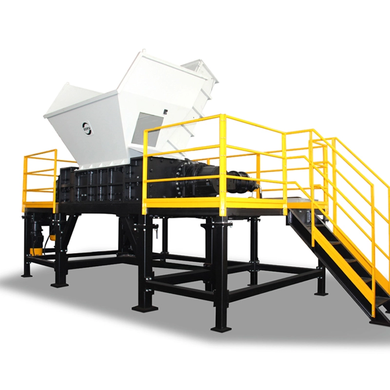 Twin-shaft industrial shredder feed hopper sized for bulk waste throughput