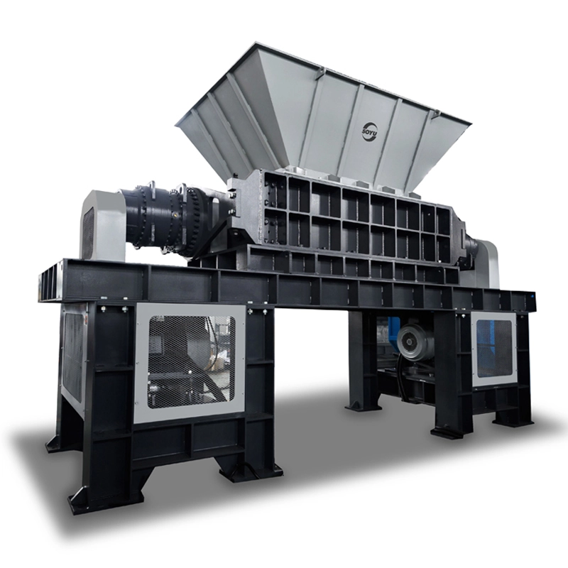 Twin-shaft industrial shredder handling bulky industrial waste and metal scrap