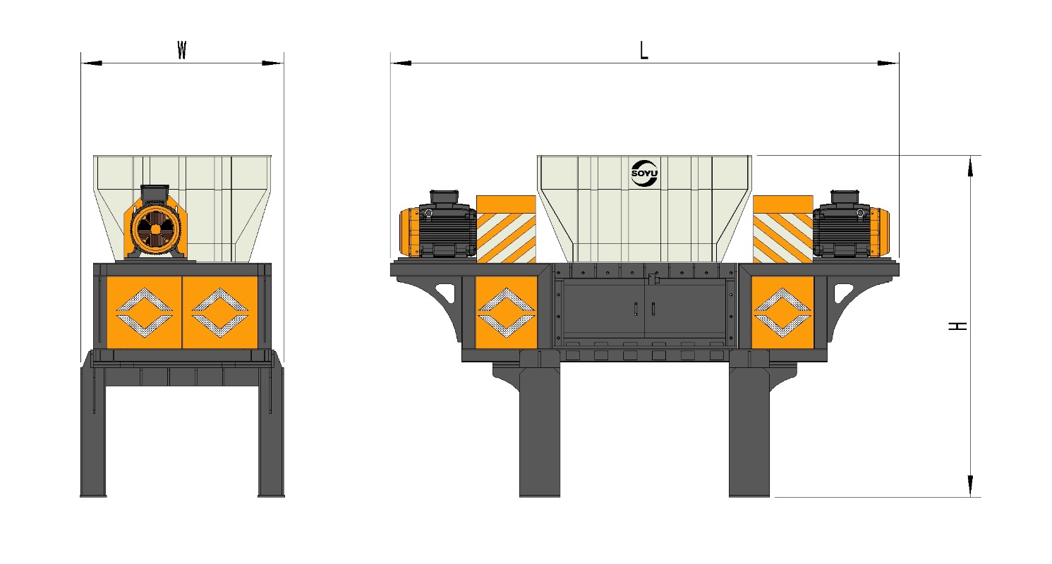 Technical layout drawing of SOYU dual-motor driven plastic film shredder machine showing length (L), width (W), and height (H).