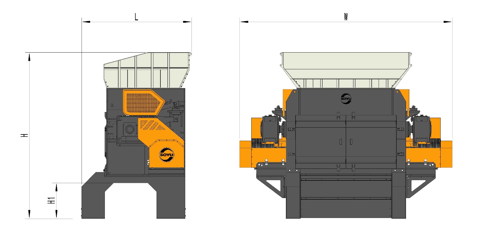 Side and front view engineering drawings of SOYU industrial shredder indicating hopper dimensions and discharge clearance height (H1).