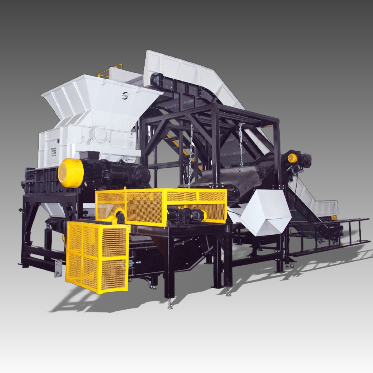 Heavy duty SOYU dual shaft rubber shredding machine line with automated smart hydraulic material feeding technology