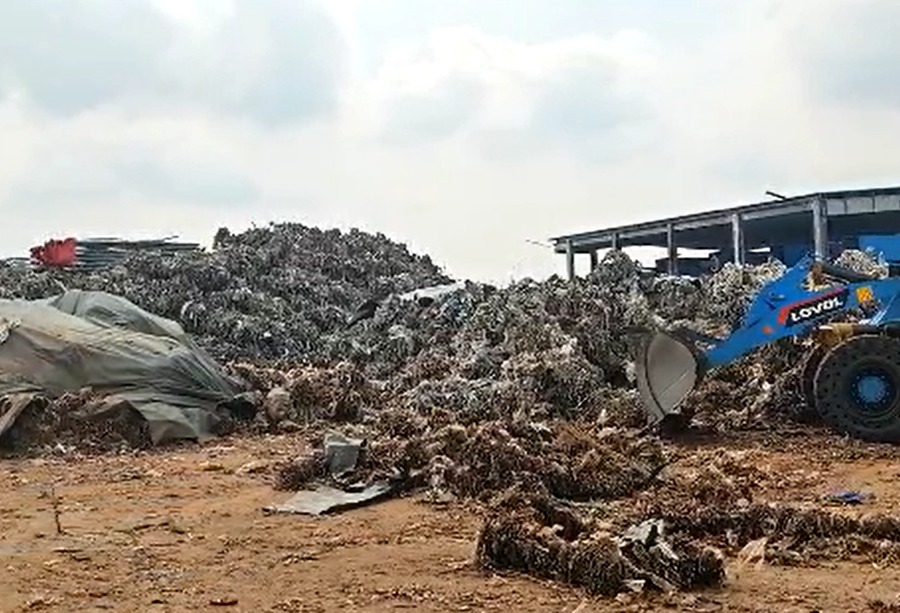 Outdoor storage yard filled with heavy pulper ropes and ragger tails handled by a hydraulic wheel loader.