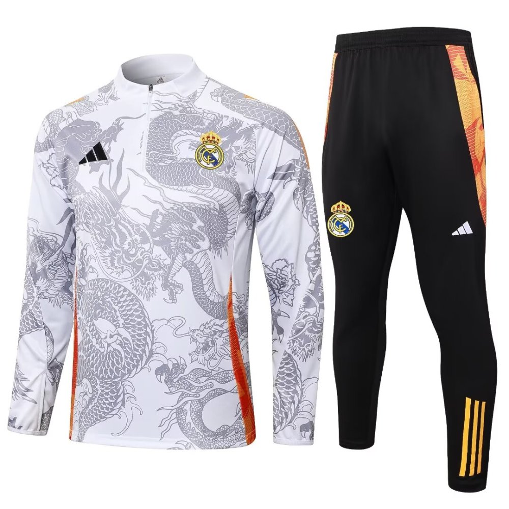 2024/2025 Real Madrid White Inkjet Dragon Long Sleeve Training Suit Kit