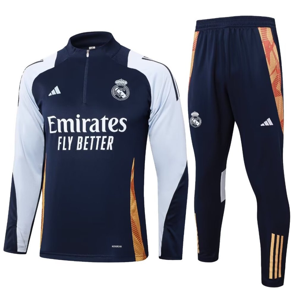2024/2025 Real Madrid Dark Blue and White Long Sleeve Training Suit Kit