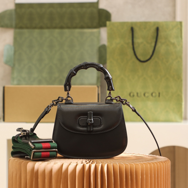 經典原廠皮Gucci復刻包包Bamboo系列黑皮小號免檢版