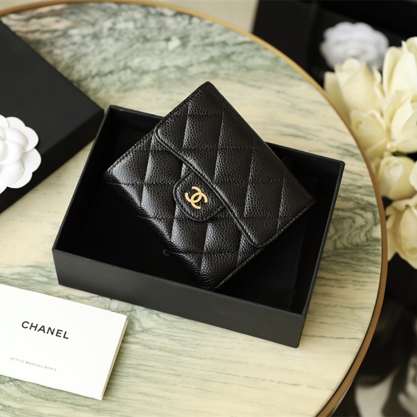 香港高仿Chanel短夾魚子醬牛皮黑金免檢版