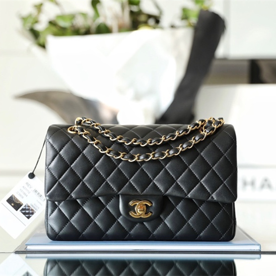 Chanel Classic Flap 中號黑金 魚子醬牛皮口蓋包