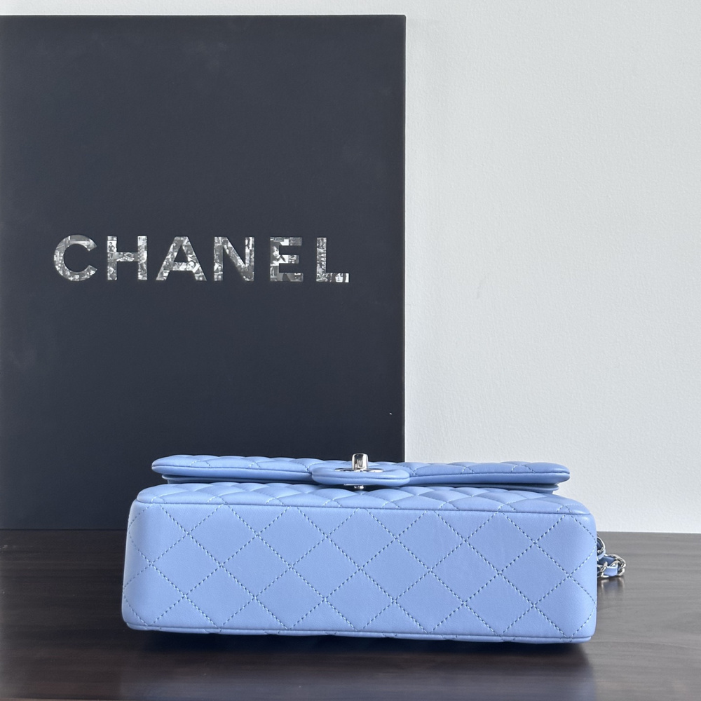 高仿Chanel原廠皮CF系列口蓋包淺藍色免檢版