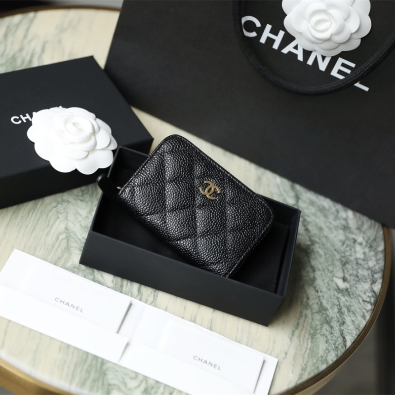 香港高仿Chanel經典拉鏈零錢包魚子醬金扣免檢版