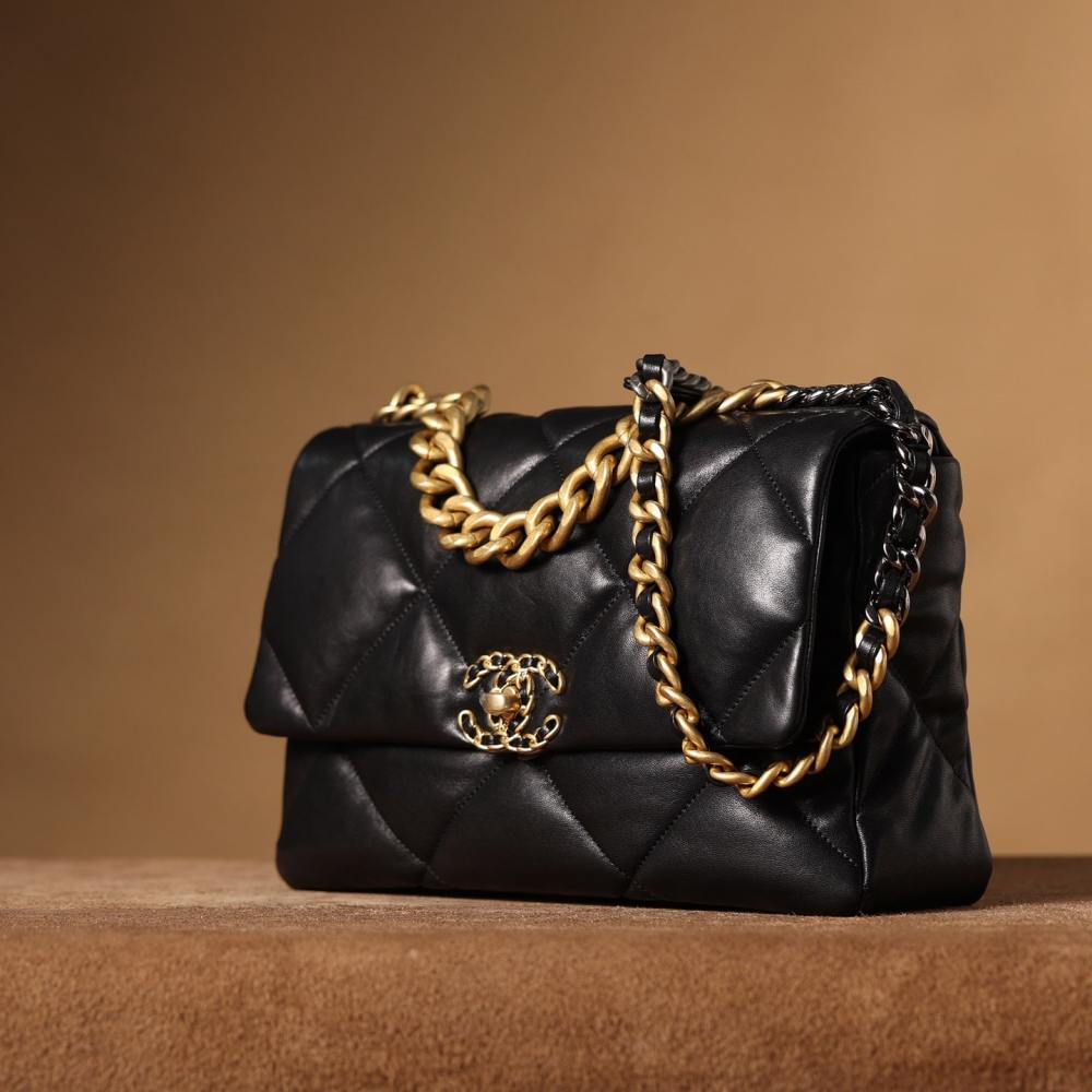高仿Chanel*19Bag系列小羊皮口蓋包黑色免檢版