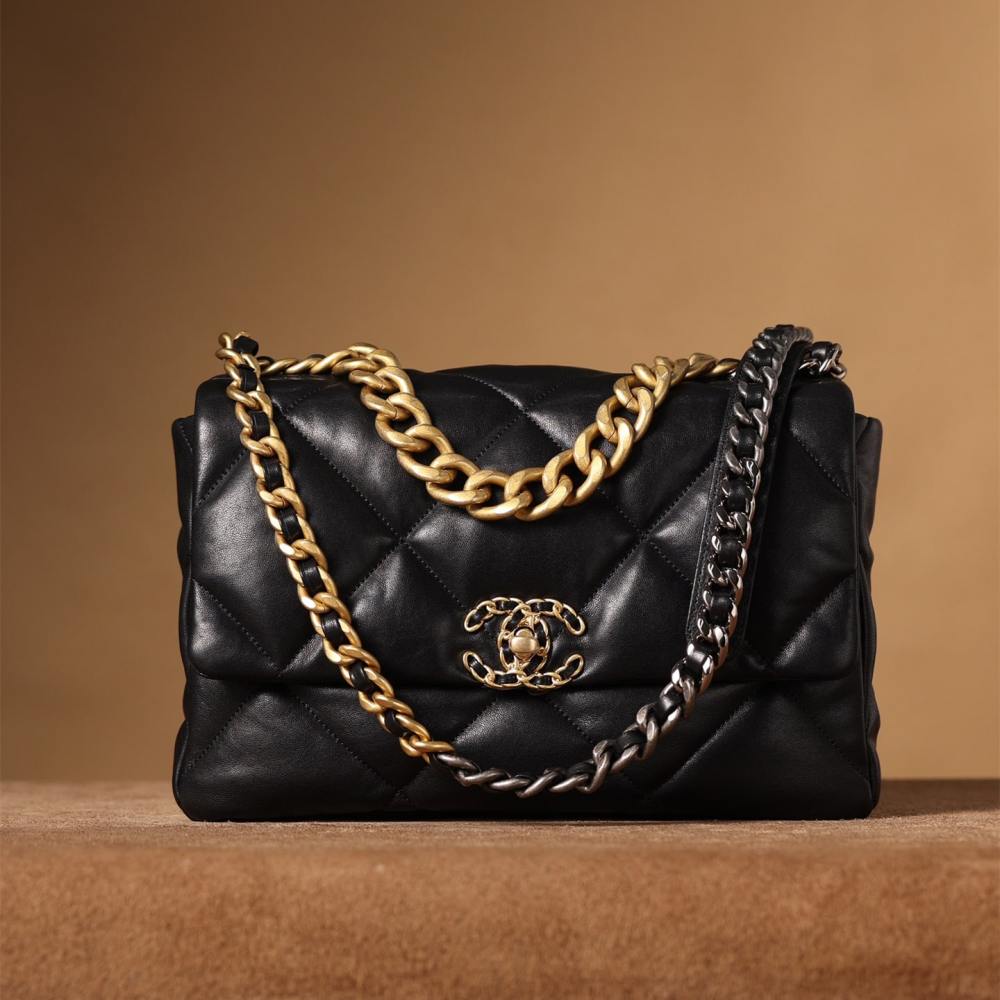 高仿Chanel*19Bag系列小羊皮口蓋包黑色免檢版