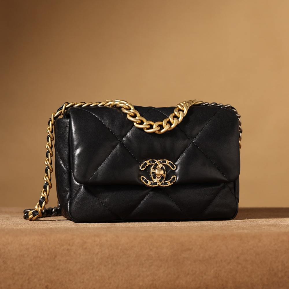 高仿Chanel*19Bag系列小羊皮口蓋包黑色XS免檢版