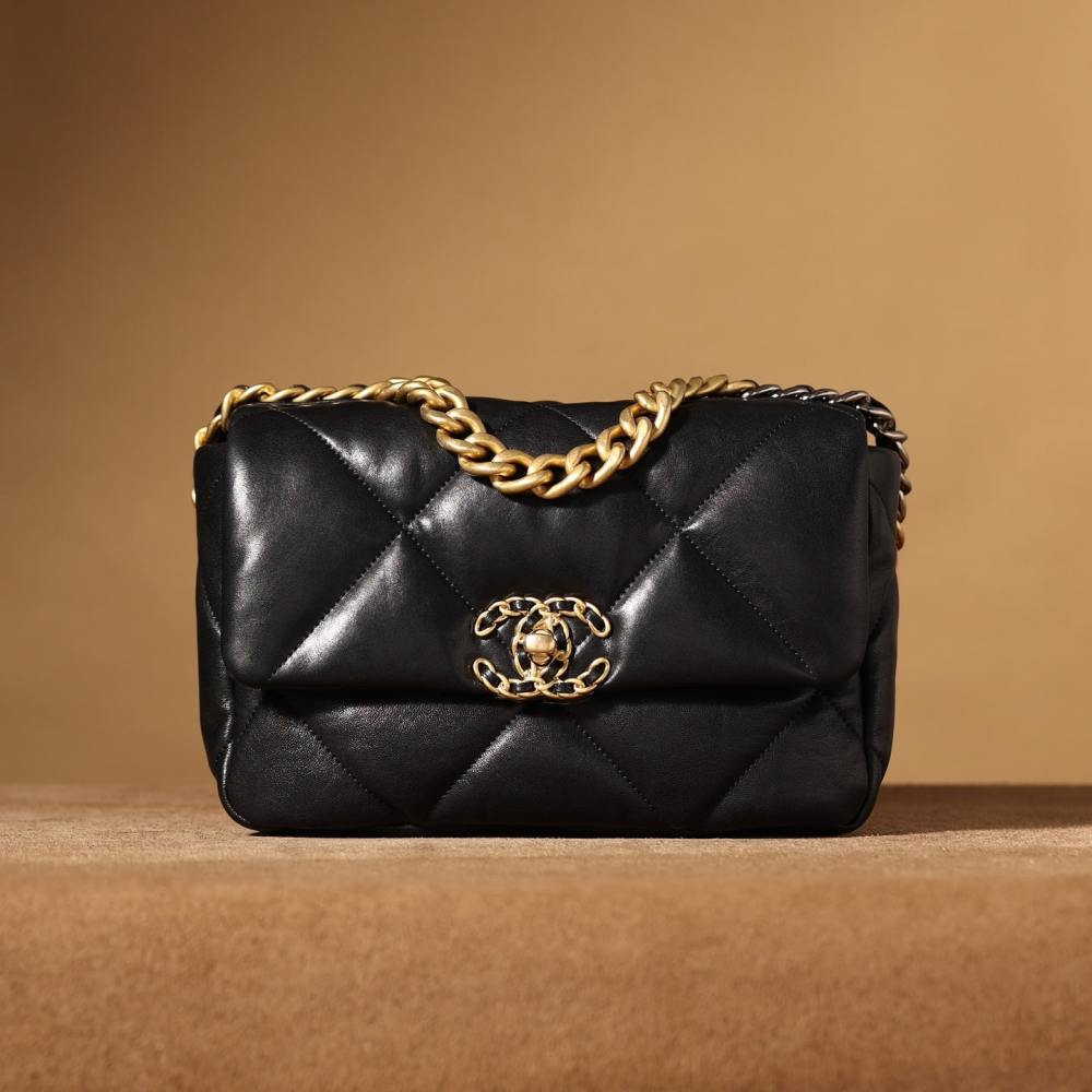 高仿Chanel*19Bag系列小羊皮口蓋包黑色XS免檢版