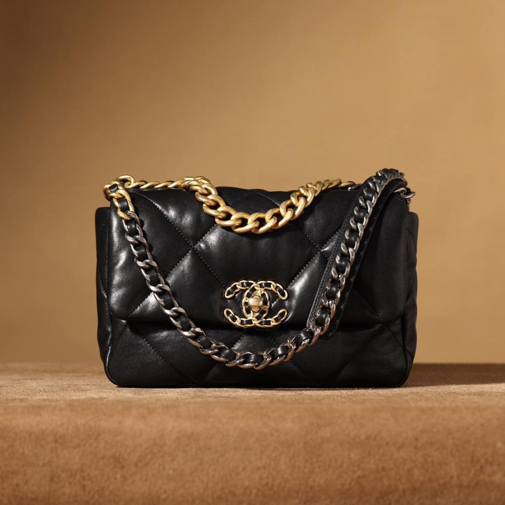 高仿Chanel*19Bag系列小羊皮口蓋包黑色XS免檢版