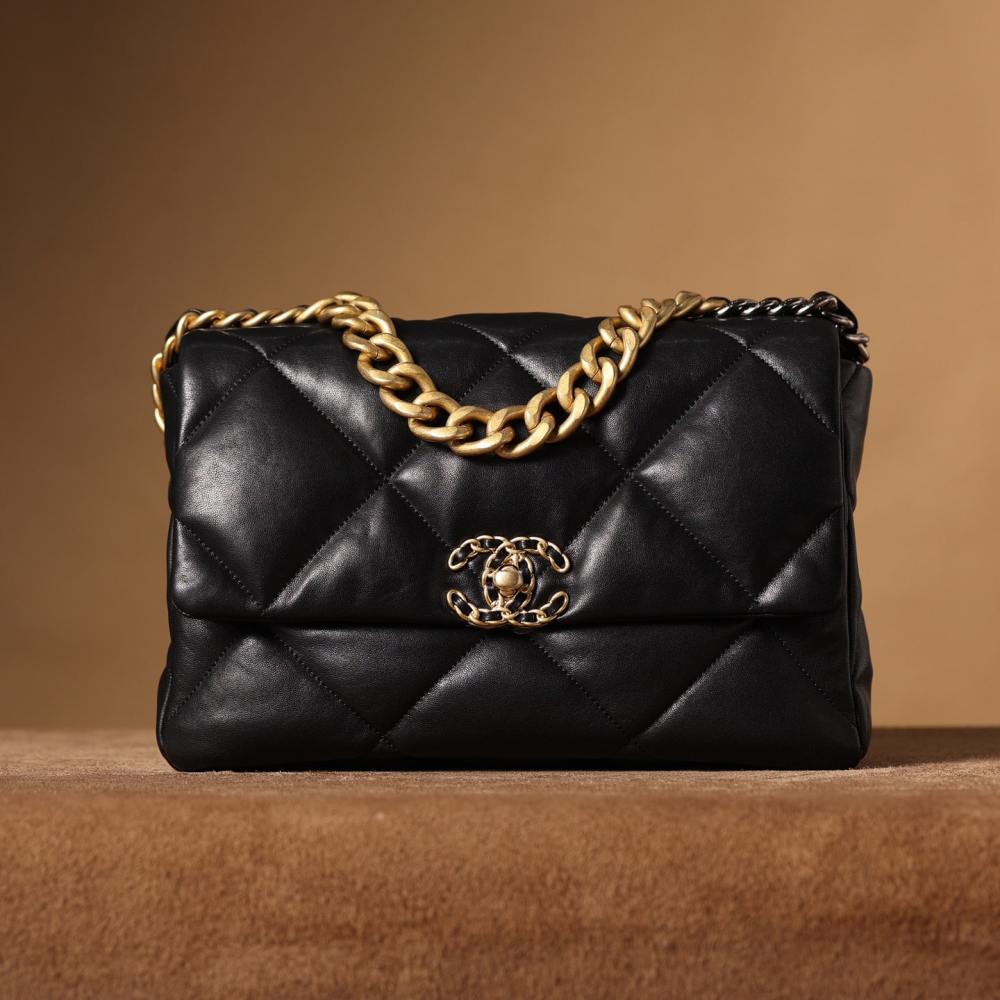 高仿Chanel*19Bag系列小羊皮口蓋包黑色免檢版