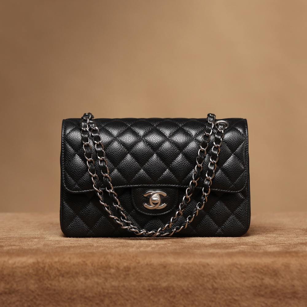 高仿Chanel*CF系列魚子醬口蓋包黑銀S免檢版