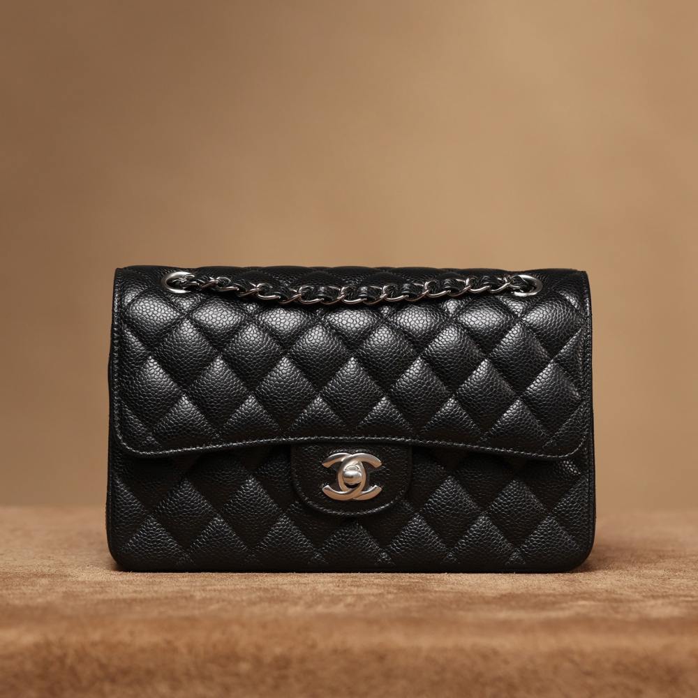 高仿Chanel*CF系列魚子醬口蓋包黑銀S免檢版