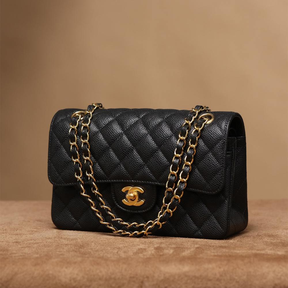 高仿Chanel*CF系列魚子醬口蓋包黑金S免檢版