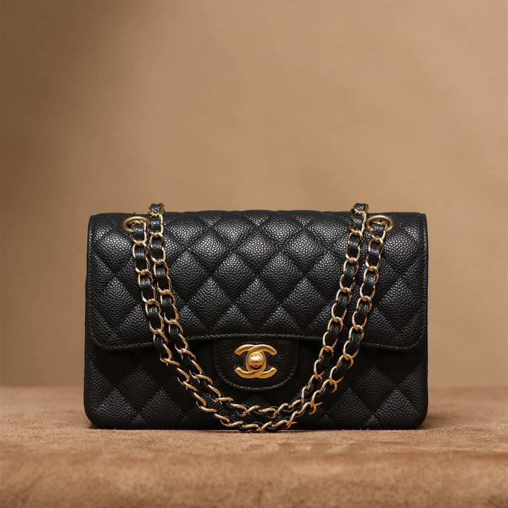高仿Chanel*CF系列魚子醬口蓋包黑金S免檢版