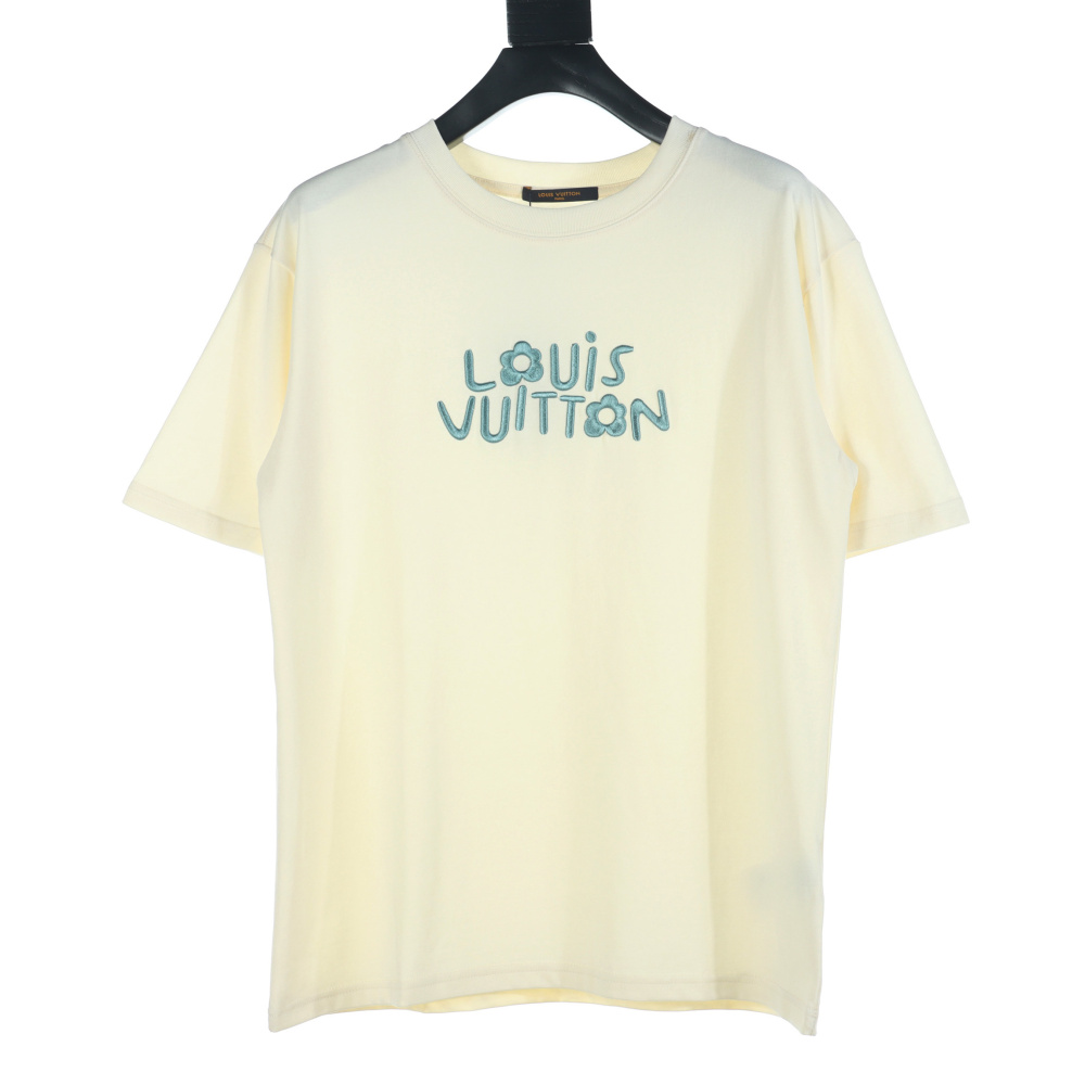 高仿LV*1AFR0019小藍花刺繡字母短袖米黃色