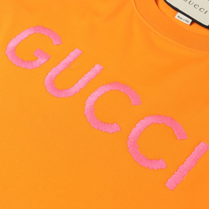 高仿Gucci*770331粉色刺繡LOGO短袖T恤橙色
