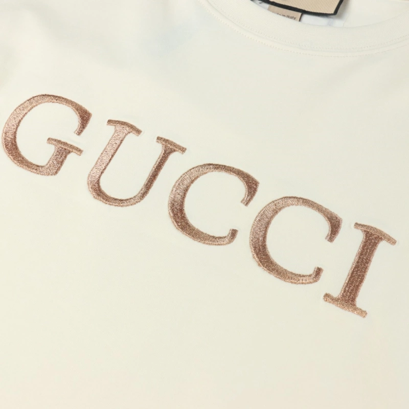 高仿Gucci*437809玫瑰金刺繡T恤米色