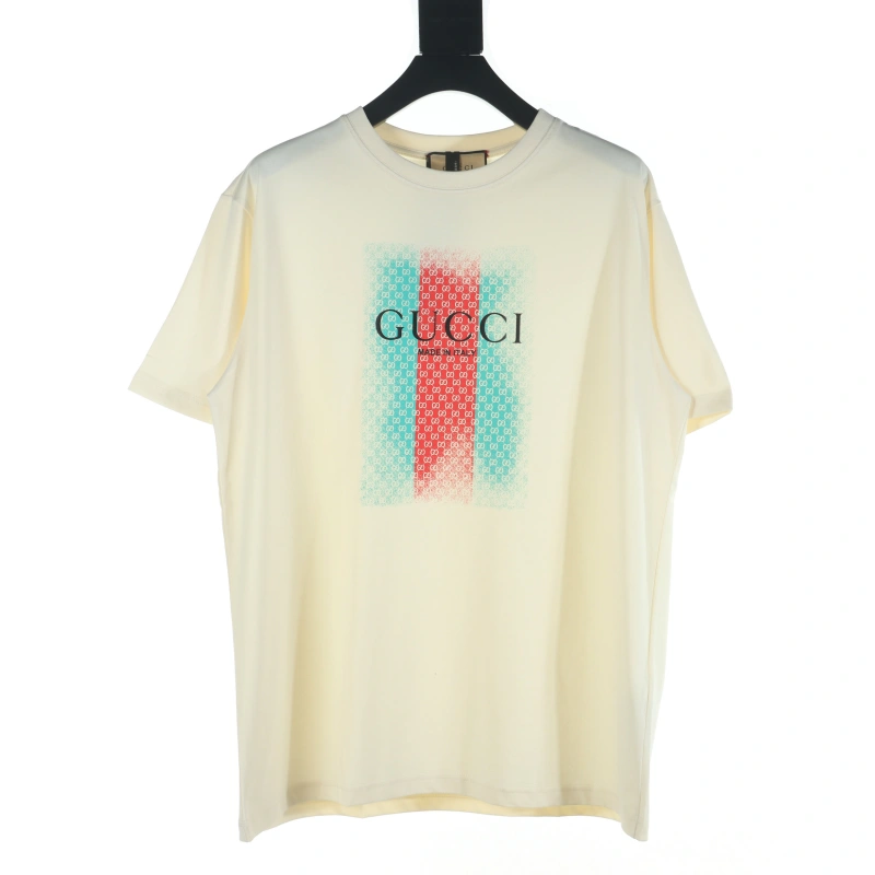 高仿Gucci*731124紅綠橫幅滿印字母T恤米色