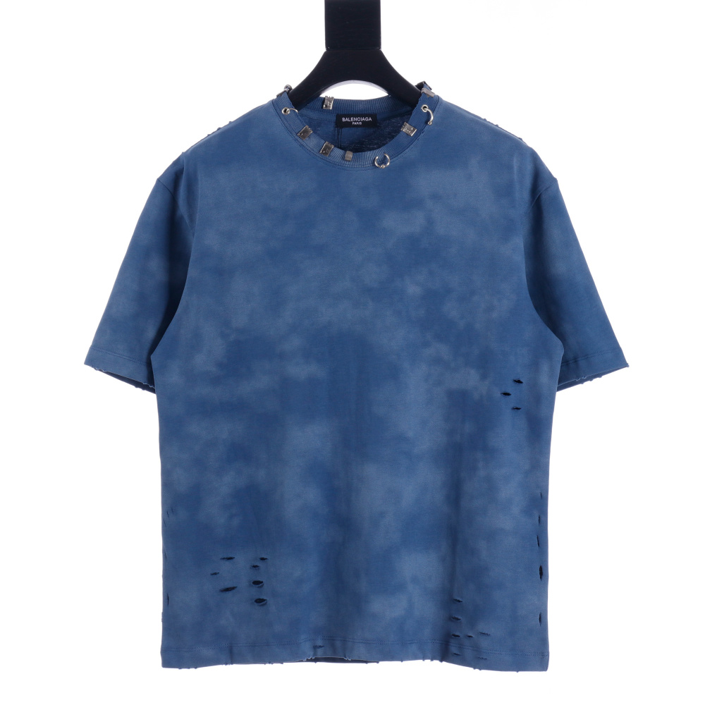 高仿Balenciaga*SS23系列761460鉚釘穿刺短袖藏藍色