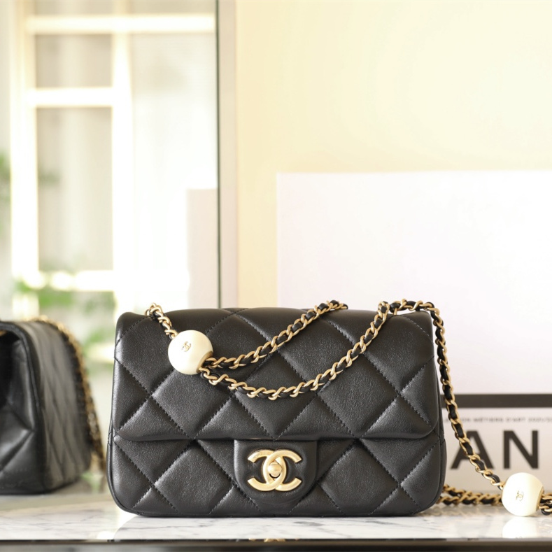 高仿Chanel*24S系列AS4861湯圓珍珠鏈條Mini袋黑色免檢版