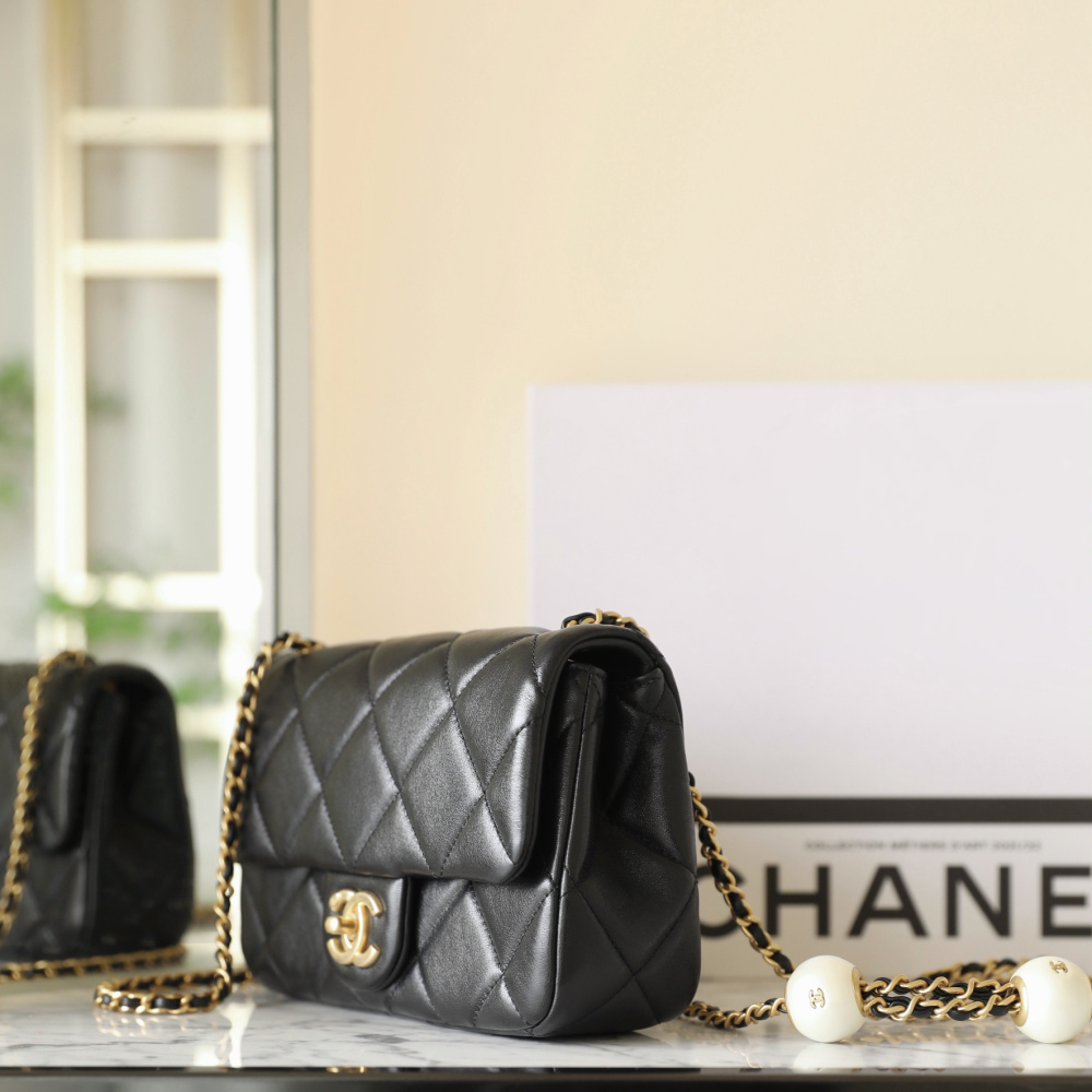 高仿Chanel*24S系列AS4861湯圓珍珠鏈條Mini袋黑色免檢版