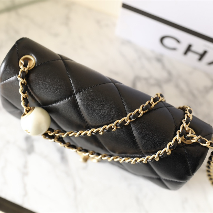 高仿Chanel*24S系列AS4861湯圓珍珠鏈條Mini袋黑色免檢版