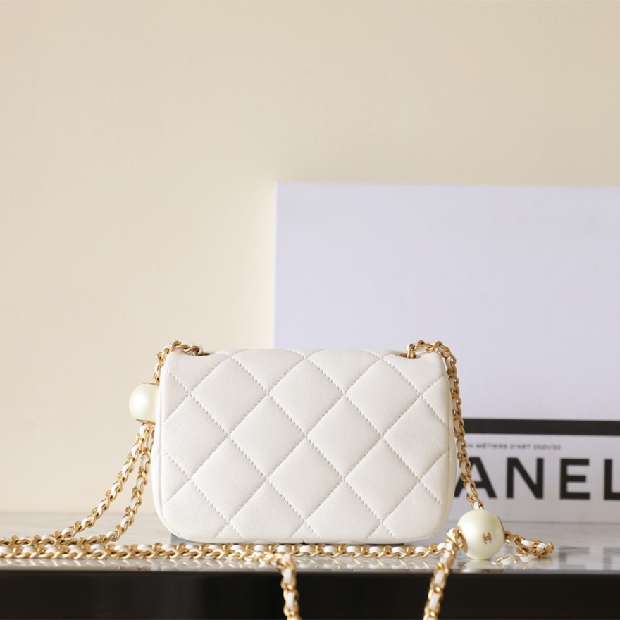 高仿Chanel*24S系列AS4861湯圓珍珠鏈條Mini袋白色免檢版