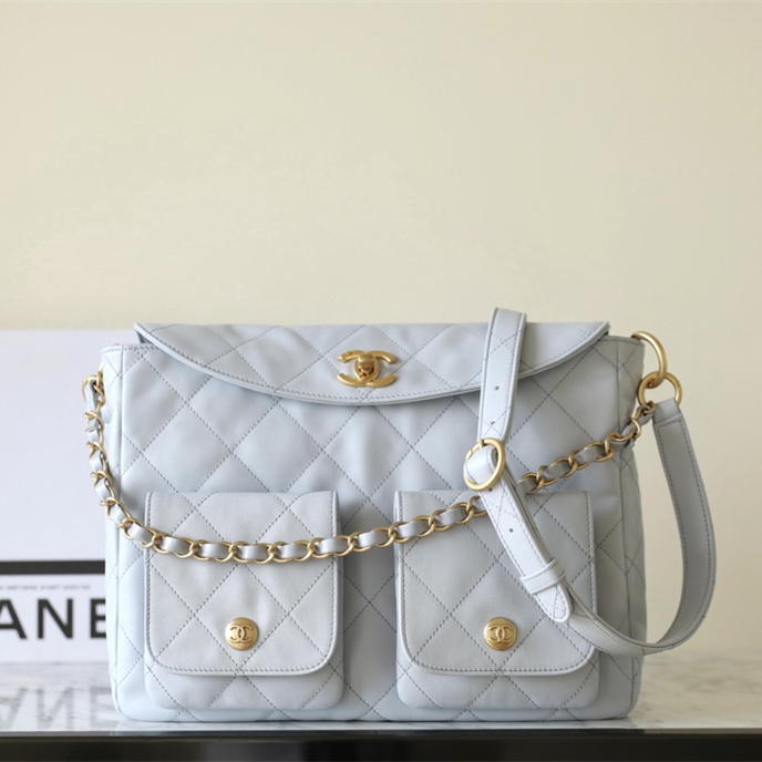高仿Chanel*24P系列AS4668夾層郵差包灰色大號免檢版