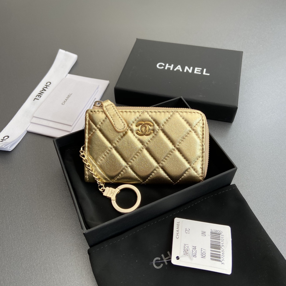高仿Chanel*AP0224零錢包金色小羊皮金扣免檢版