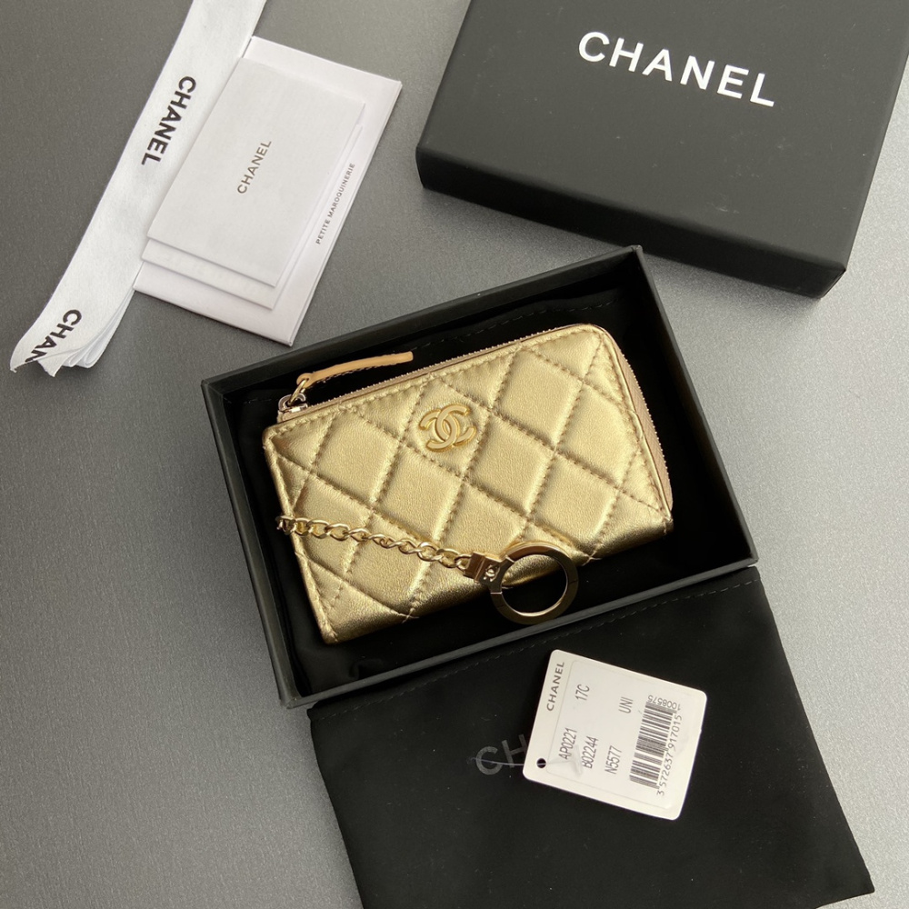 高仿Chanel*AP0224零錢包金色小羊皮金扣免檢版
