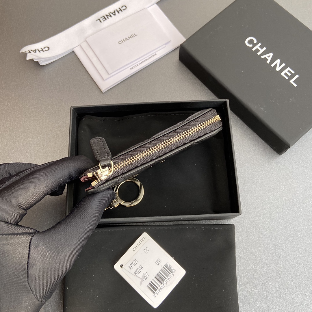 高仿Chanel*AP0222零錢包黑色小羊皮金扣免檢版