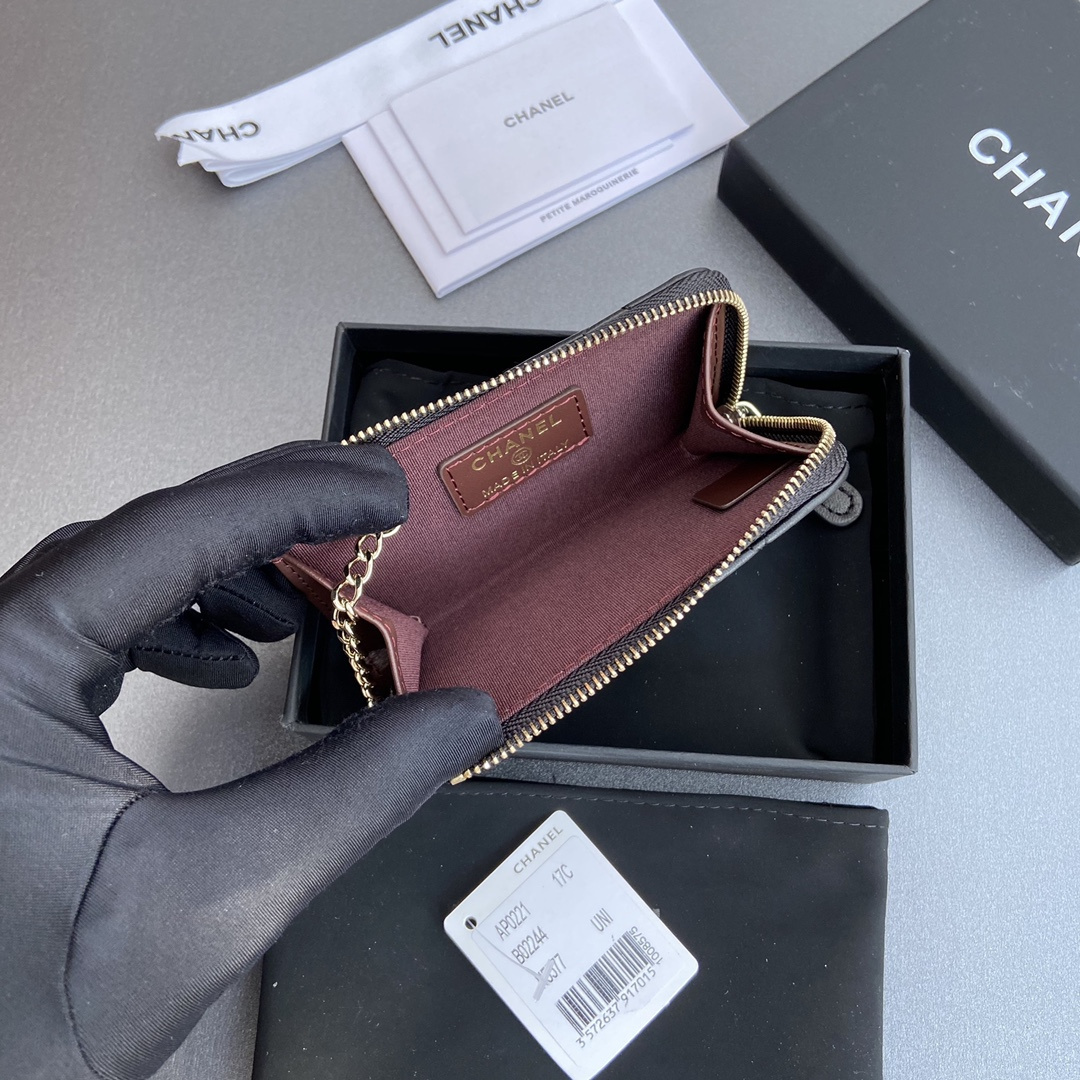 高仿Chanel*AP0222零錢包黑色小羊皮金扣免檢版