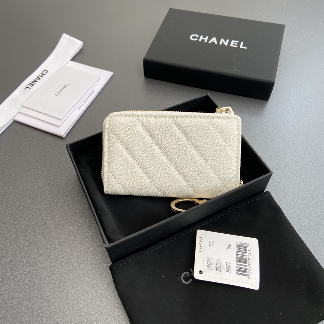 高仿Chanel*AP0223零錢包白色魚子醬金扣免檢版