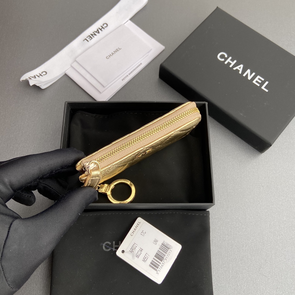 高仿Chanel*AP0224零錢包金色小羊皮金扣免檢版