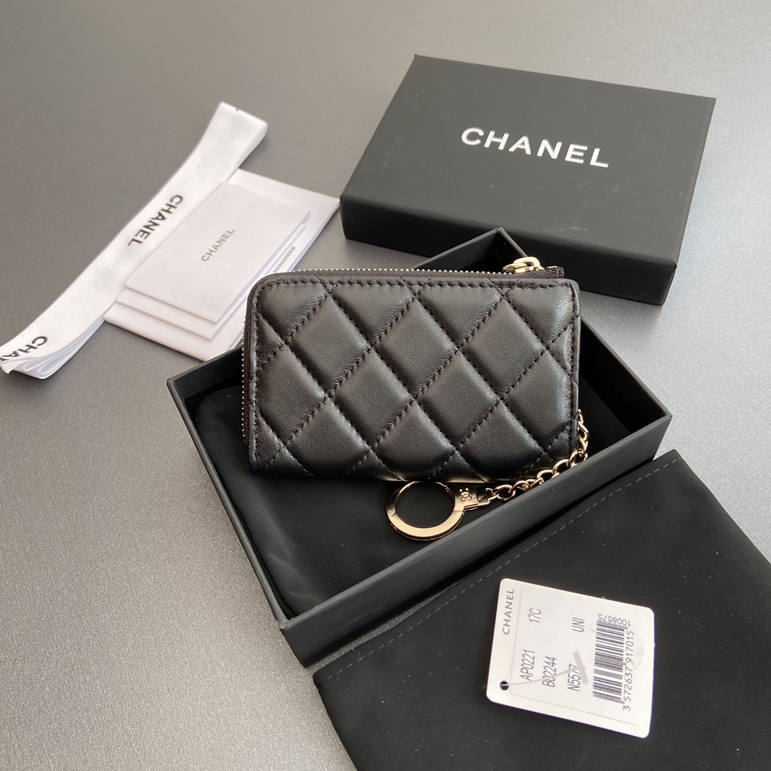 高仿Chanel*AP0222零錢包黑色小羊皮金扣免檢版