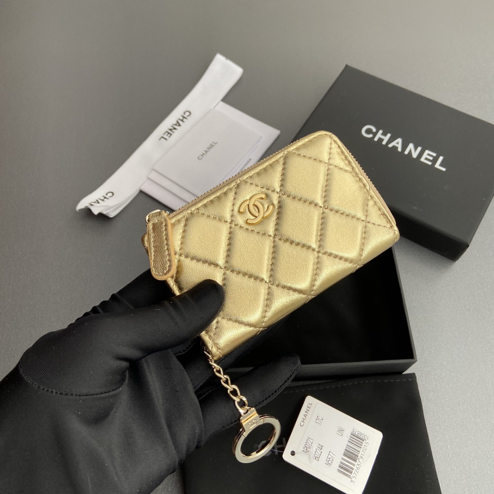 高仿Chanel*AP0224零錢包金色小羊皮金扣免檢版